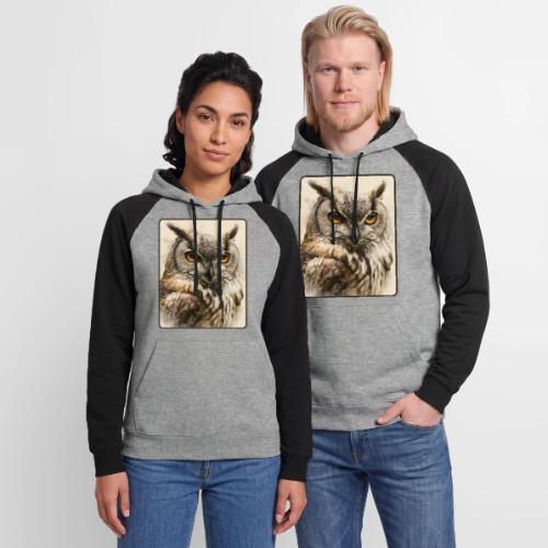 Great Horned Owl Watercolor Design - Unisex Colorblock Hoodie