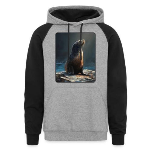 Fur Seal Artistic Shore Portrait Design - Unisex Colorblock Hoodie