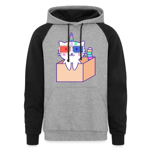 Unicorn cat with 3D glasses doing Vision Therapy! - Unisex Colorblock Hoodie
