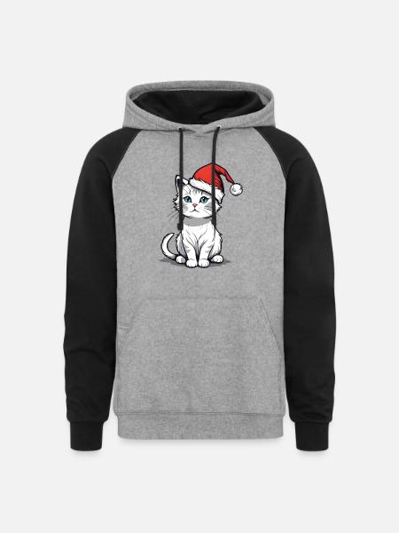 White Christmas Cat - Unisex Colorblock Hoodie - heather gray/black