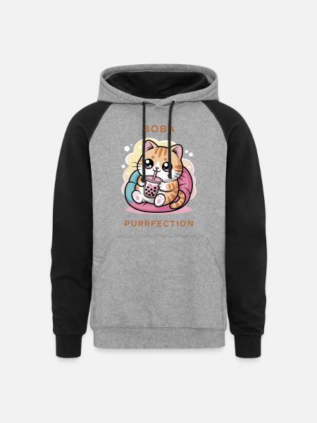 Boba Cat Purrfection - Unisex Colorblock Hoodie - heather gray/black