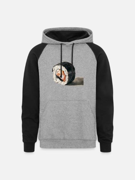 Charcoal Drawing Of Sushi - Unisex Colorblock Hoodie - heather gray/black