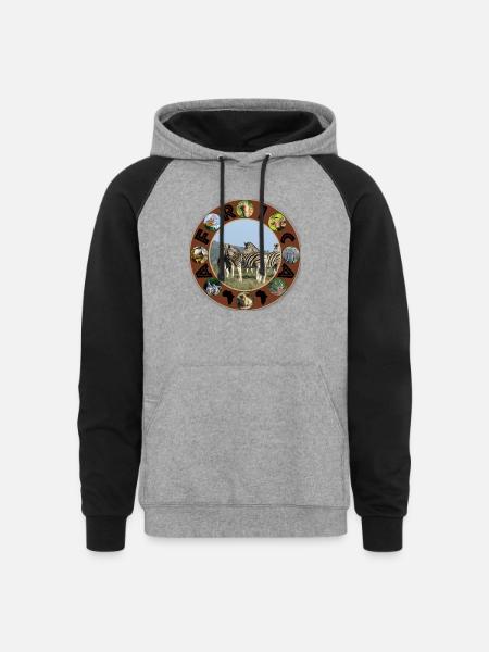 blue sky zebra africa circle - Unisex Colorblock Hoodie - heather gray/black