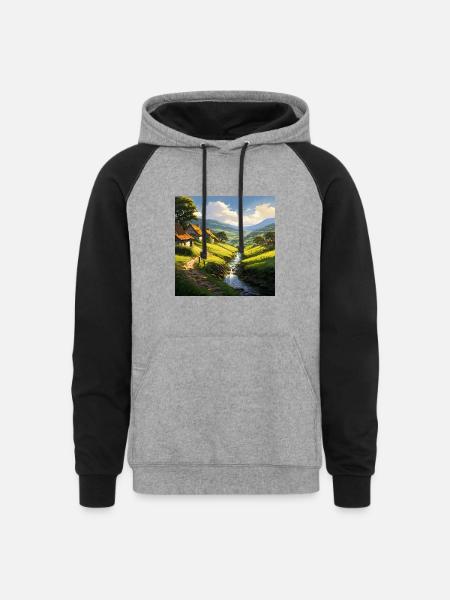 rustic stone houses village - Unisex Colorblock Hoodie - heather gray/black