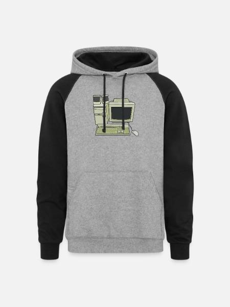 Retro Computer Desk Setup - Unisex Colorblock Hoodie - heather gray/black