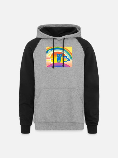 Blue Cat Rainbow Sunset - Unisex Colorblock Hoodie - heather gray/black