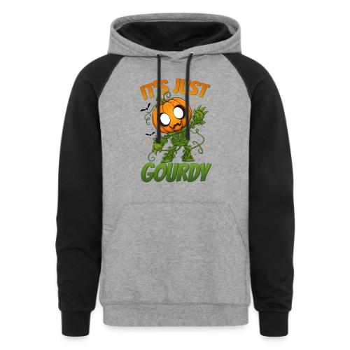 Cute Pumpkin Monster “It’s Just Gourdy” Funny - Unisex Colorblock Hoodie
