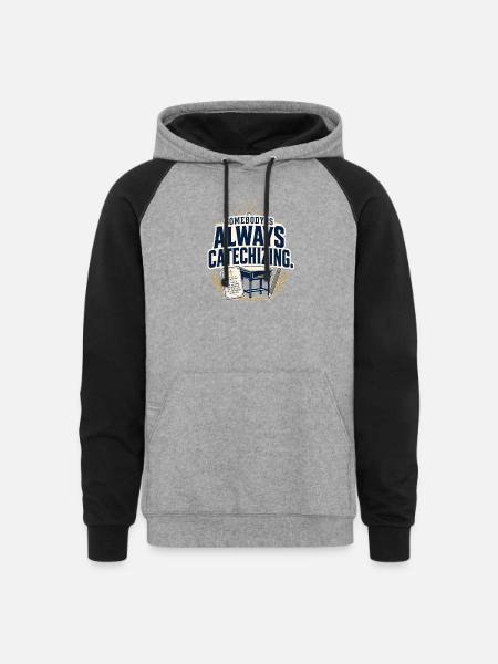 Somebody Is Always Catechizing Homeschool - Unisex Colorblock Hoodie - heather gray/black
