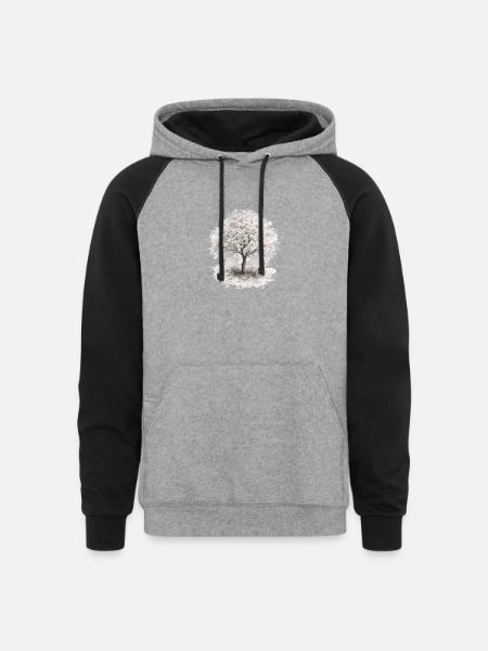 Cherry Blossom Tree – Monochrome Botanical - Unisex Colorblock Hoodie - heather gray/black