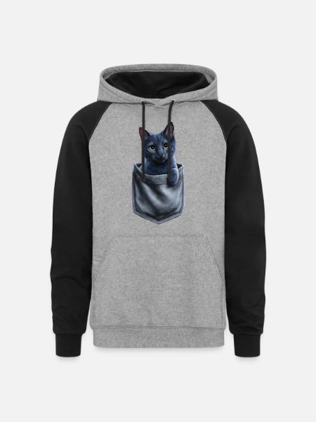 Russian Blue Cat In Pocket - Unisex Colorblock Hoodie - heather gray/black
