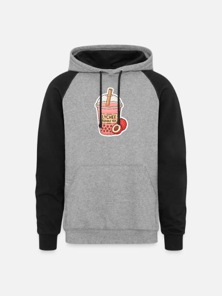 Lychee Bubble Tea Illustration - Unisex Colorblock Hoodie - heather gray/black