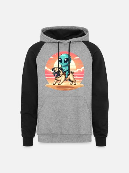 Alien Rides Pug - Unisex Colorblock Hoodie - heather gray/black