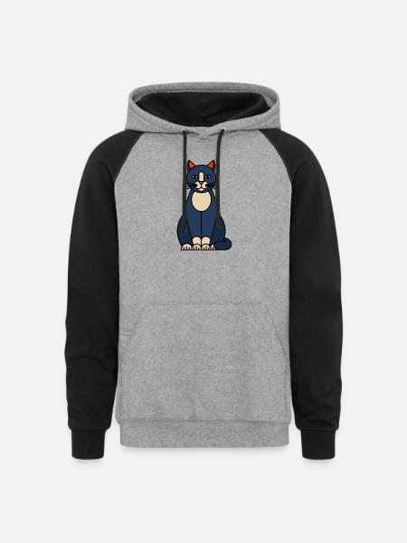 Blue Cat Illustration with Cream Belly - Unisex Colorblock Hoodie - heather gray/black