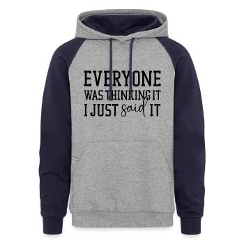 sarcasm Unisex Color block Hoodie - Unisex Colorblock Hoodie - heather gray/navy - Front - AI Model Male 185 dark (185cm) & AI Model Female 180 light (180cm)