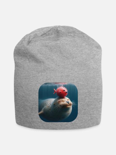 Pufferfish and seal swim through the sea - Jersey Beanie - heather gray - Front