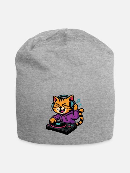 Cat DJ in Purple Hoodie - Jersey Beanie - heather gray
