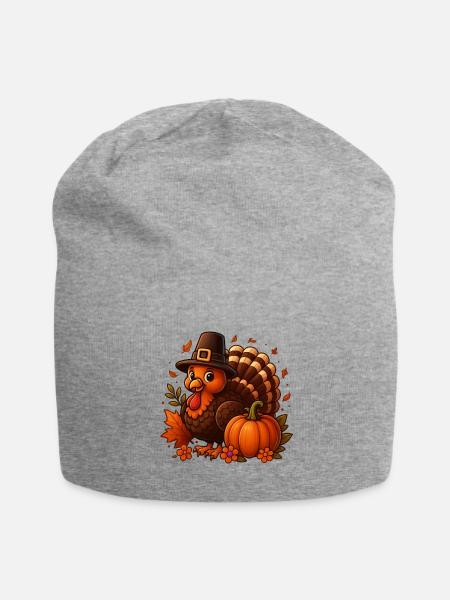 Autumn Turkey with Pumpkin Pilgrim Hat - Jersey Beanie - heather gray