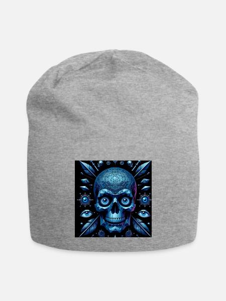 Blue Geometric Skull Neon - Jersey Beanie - heather gray - Front