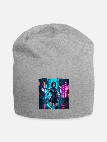 Cyberpunk Samurai Katana Tee: Neon Blue Glow - Jersey Beanie - heather gray - Front