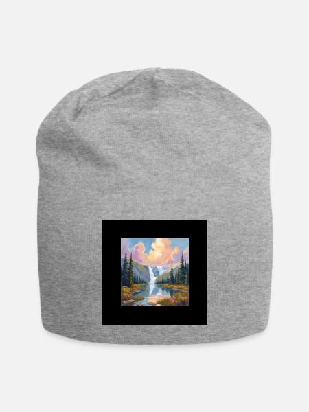 Pastel Valley Waterfall Scene - Jersey Beanie - heather gray