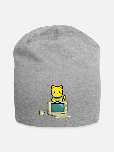 Pixel Cat on Retro Computer - Jersey Beanie - heather gray