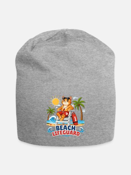 Beach Lifeguard Cat Cartoon - Jersey Beanie - heather gray - Front