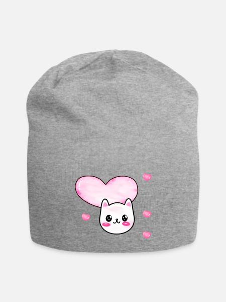 Cute Blob Kitty Valentine's Day Love Hearts - Jersey Beanie - heather gray - Front