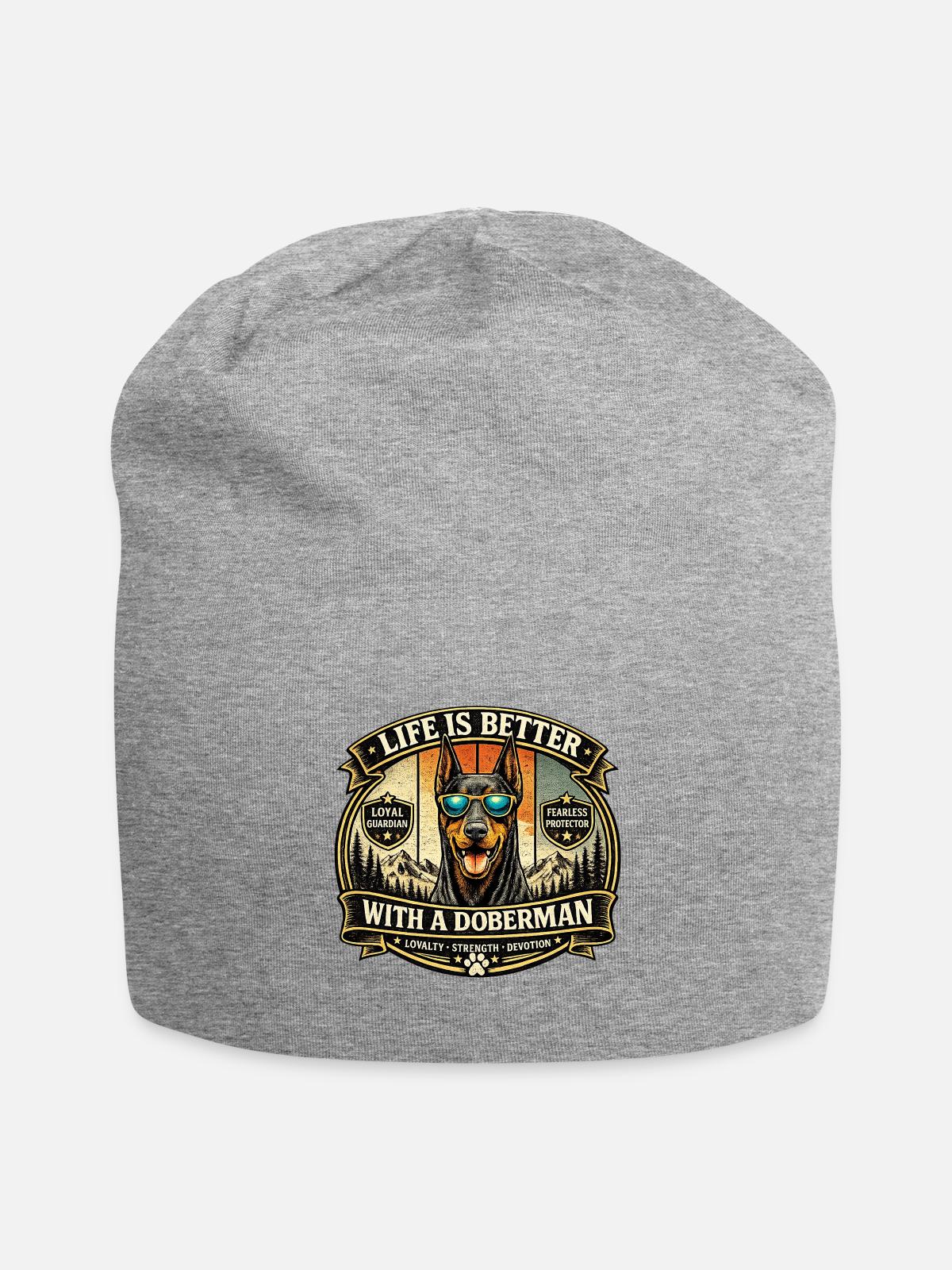 Doberman Loyalty Badge Illustration - Jersey Beanie - heather gray - Front