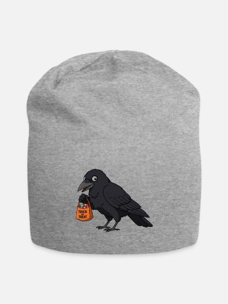 Halloween Crow with Trick or Treat Bag - Jersey Beanie - heather gray - Front