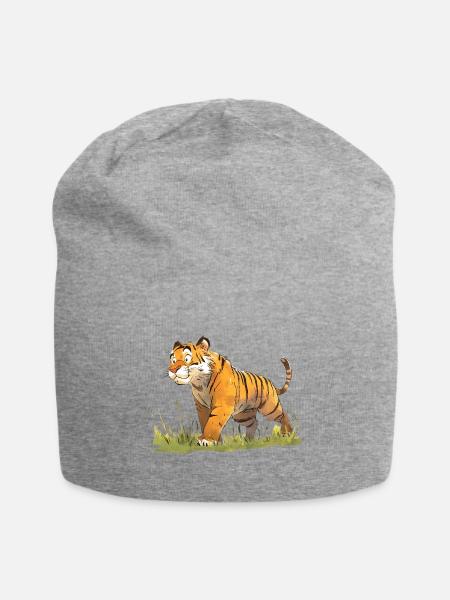 Tiger in Watercolor Grass Adventure - Jersey Beanie - heather gray