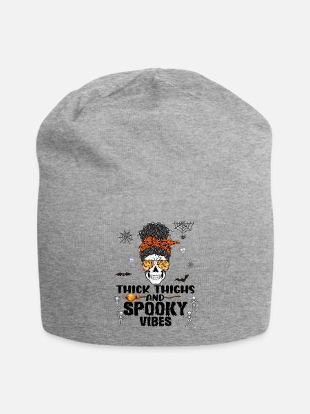 Skull Messy Bun Spooky Pumpkin October Halloween - Jersey Beanie - heather gray