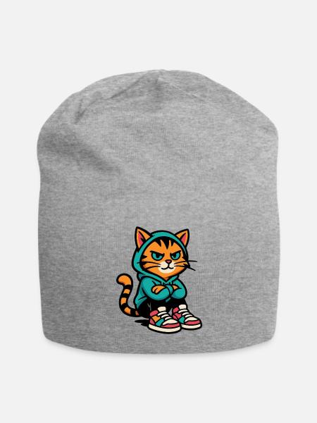 Streetwise Cat in Teal Hoodie - Jersey Beanie - heather gray