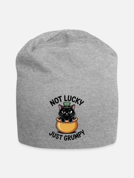 Grumpy Lucky Cat Funny St Patricks Day - Jersey Beanie - heather gray
