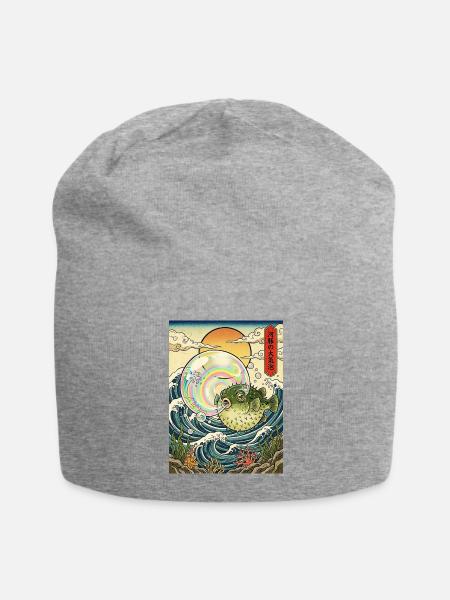 japanese Vintage Bubble Burst Fugu Ukiyo-e Ocean - Jersey Beanie - heather gray - Front