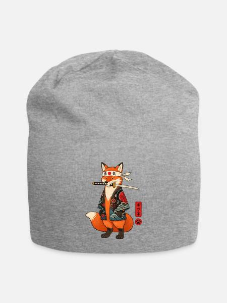 Japanese Samurai Fox - Kitsune Warrior Art - Jersey Beanie - heather gray - Front