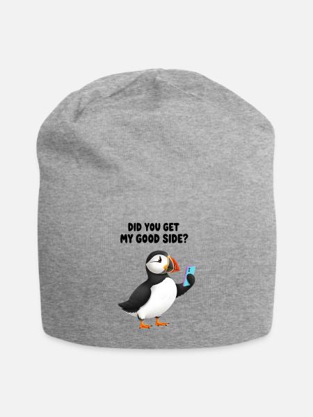 Did You Get My Good Side? - Funny Puffin Selfie  - Jersey Beanie - heather gray