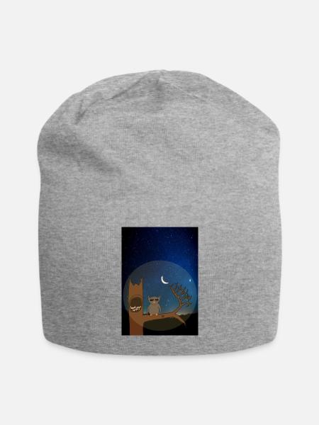 Owl in dead tree with chicks at night - Jersey Beanie - heather gray - Front