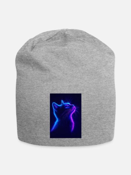 Neon Blue-Pink Cat Glow Portrait - Jersey Beanie - heather gray - Front