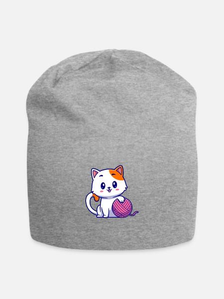 Cute Cat Playing Yarn Ball Cartoon - Jersey Beanie - heather gray - Front