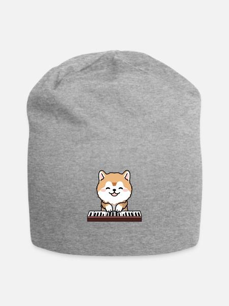 Kawaii Cute Dog Playing Piano Keyboard - Jersey Beanie - heather gray - Front