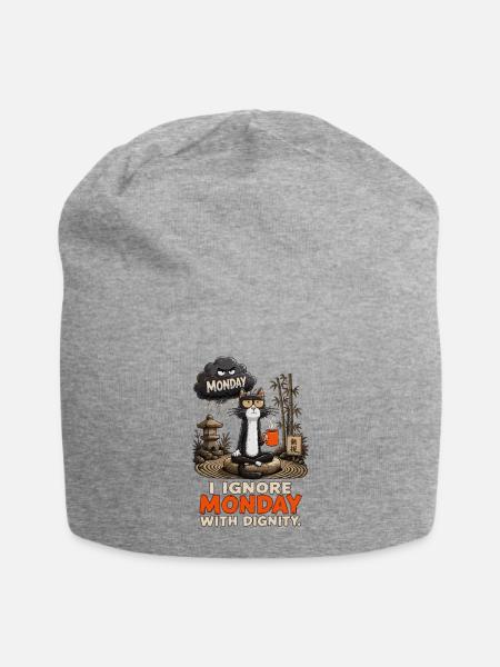 Monk Cat Defies Monday - Jersey Beanie - heather gray - Front