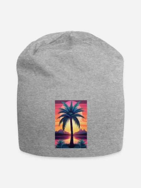 Palm Tree Sun Set Lake botanical boho flowers - Jersey Beanie - heather gray - Front