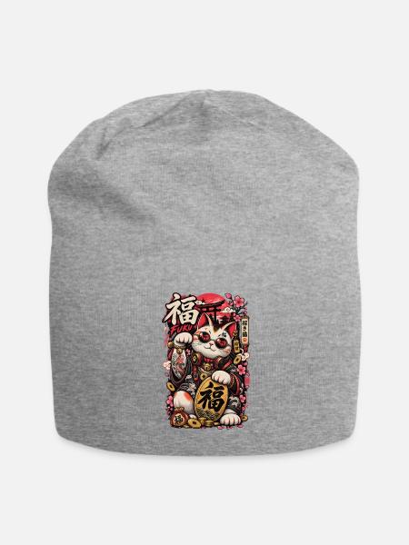 Fortune Cat with Sakura Coins - Jersey Beanie - heather gray - Front