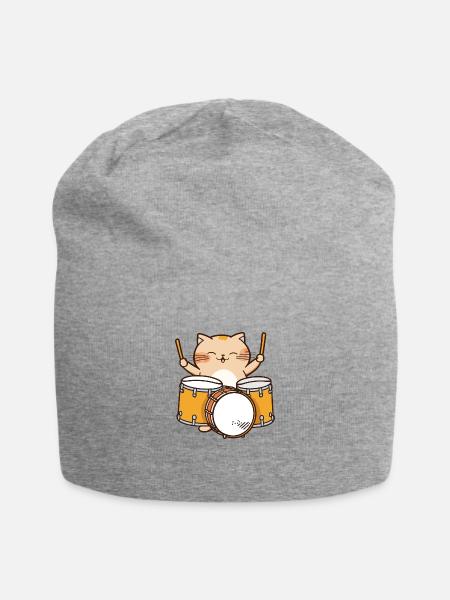 Cute Kawaii Cat Happily Playing Drums - Jersey Beanie - heather gray - Front