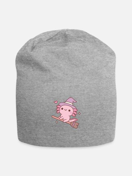 Cute Axolotl Witch Flying On A Broom - Jersey Beanie - heather gray - Front