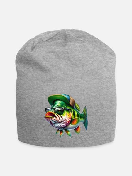 Cool Bass Fish with Green Hat and Glasses - Jersey Beanie - heather gray