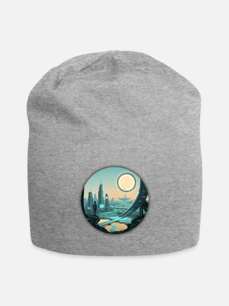 Circular Dawn Neon Orb Cityscape - Jersey Beanie - heather gray