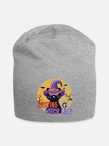 Halloween Witch Cat Resting Witch Face Funny - Jersey Beanie - heather gray - Front