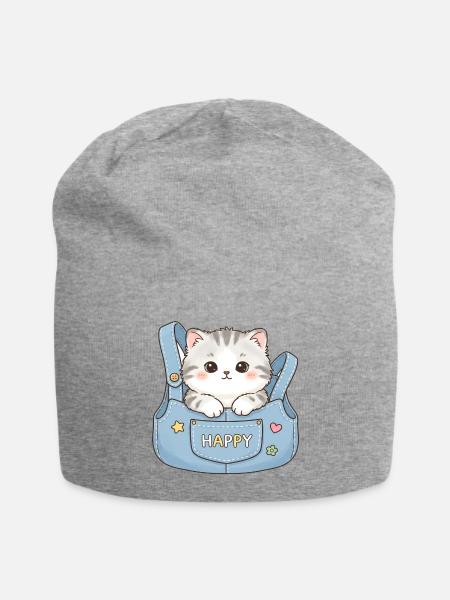 Happy Kitten in Blue Bag - Jersey Beanie - heather gray - Front