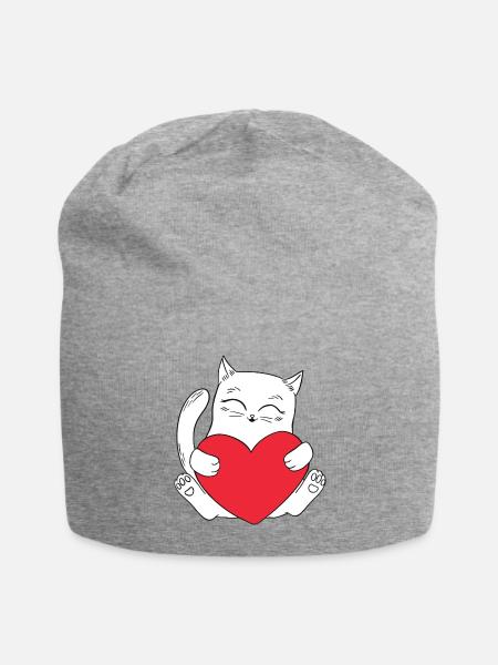 White Cat With Red Heart - Jersey Beanie - heather gray - Front
